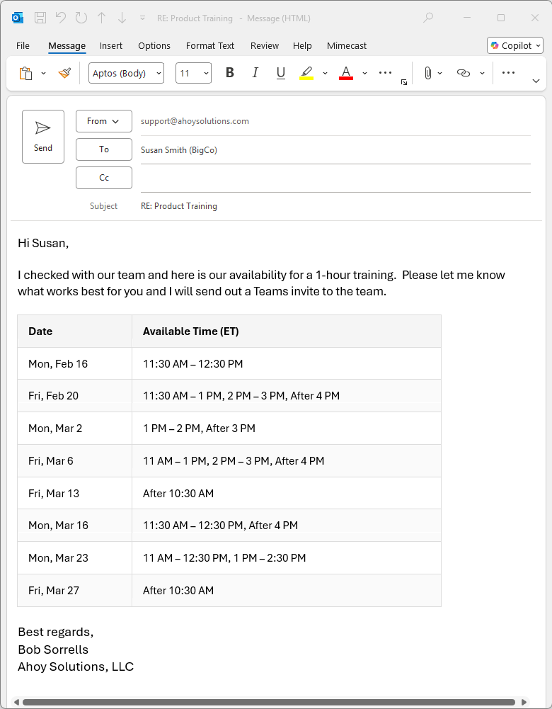 Email Output with Formatted Table